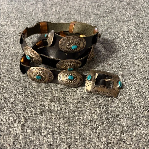 Vintage Concho Sterling Silver Belt with Turquoise Accents - Picture 1 of 7